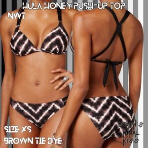 Hula Honey Dark Brown Tie-Dye Triangle Push-up Top Cross Back Strappy Bikini XS